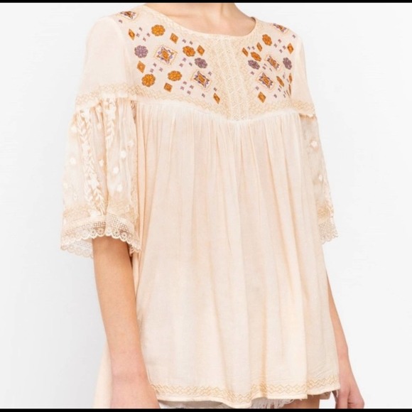 Peasant Boho Embroidered Lace Tunic Blouse Top - Picture 3 of 4